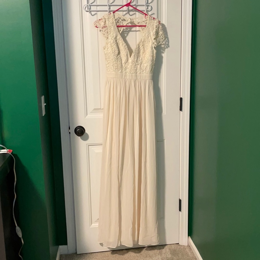 Small Beige long open back, lace dress NWT
